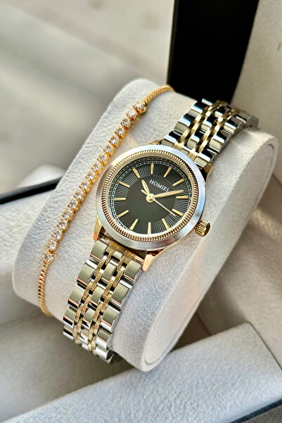 Homies ساعة يد نسائية بسوار فولاذي لا يتغير لونه مع علبة هدايا وسوار هدية. HM...