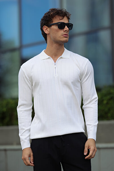 aziso White Men's Polo Neck Half Zip Knitwear Sweater