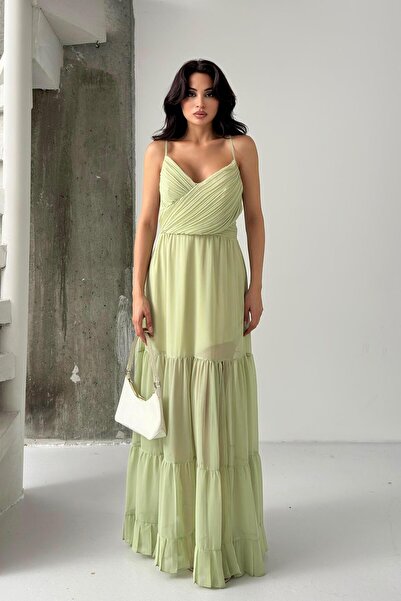 Serica Moda Rochie din șifon cu bretele verzi și detaliu la spate