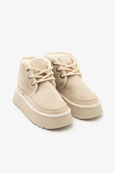 SAYL Bej Süet İçi Kürklü Yüksek Taban Bağcıklı Kadın Bot
