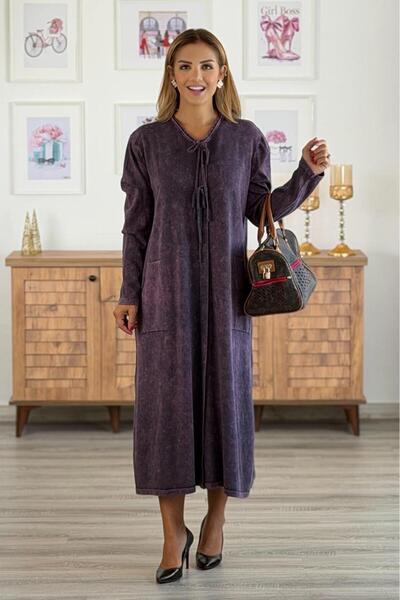 Nevin Kaya Moda Μωβ Χρώμα Πλεκτό Φόρεμα με Λεπτομέρεια Δαντέλας στο Λαιμό