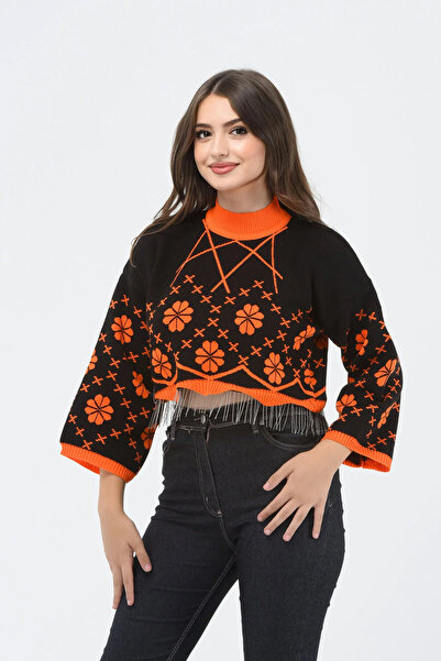 H&E LUXURY DESIGN Pulover crop tricotat cu model floral pentru femei