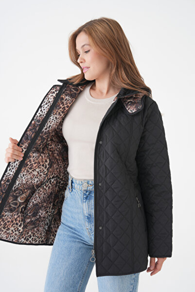 Butik Women's Plus Size Hooded Leopard Print Zipper Snap Button Quilted Coat Jacket