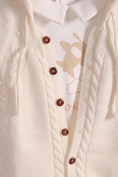 kidello White Knitted Baby Boy Hooded Long Jumpsuit