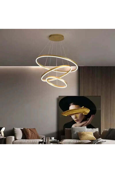 Alessandro DESIGN Lustra LED suspendata cu telecomanda ELIZABETH, 84W, 3 Cercuri, Auriu Lucios, Inaltime Reglabila