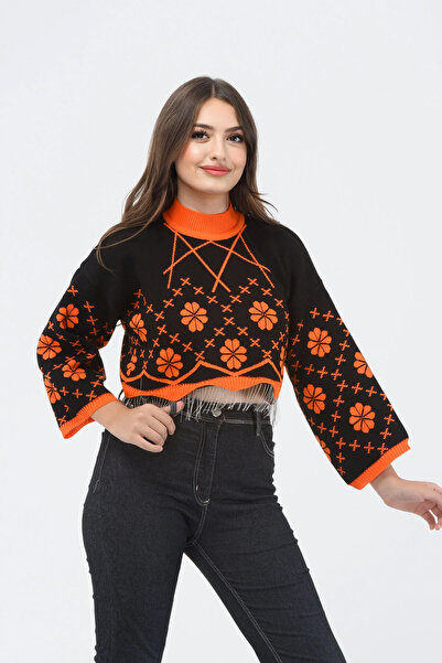 H&E LUXURY DESIGN Pulover crop tricotat cu model floral pentru femei