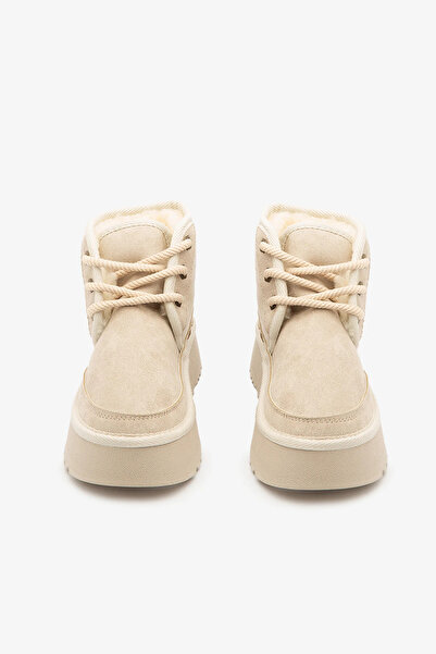 SAYL Bej Süet İçi Kürklü Yüksek Taban Bağcıklı Kadın Bot