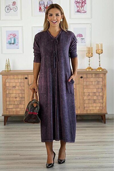 Nevin Kaya Moda Μωβ Χρώμα Πλεκτό Φόρεμα με Λεπτομέρεια Δαντέλας στο Λαιμό