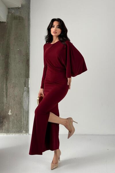 Serica Moda Bordo Yarasa Kol Asimetrik Büzgülü Elbise