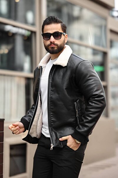 BASEL.CO Fur Collar Ribbed Leather Jacket - Stylish Model with Fur