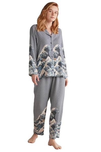 YUYİ N A U T I C A GÖMLEK YAKA UZUN KOLLU ÖNDEN DÜĞMELİ KADIN PİJAMA TAKIM