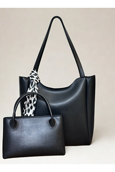 fular & bags Set dublu negru pentru femei, geantă de mână și de umăr cu eșarfă