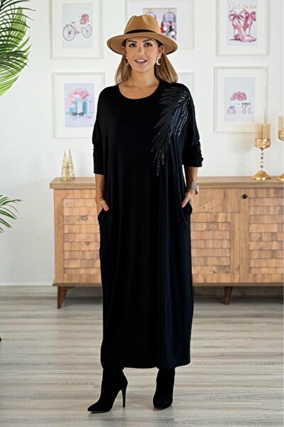 Nevin Kaya Moda Yakası Siyah Pul Payetli Pamuklu Penye Viskon Elbise