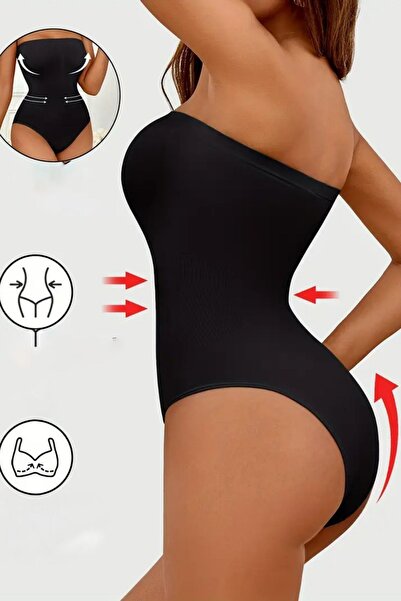 MİSTİRİK Fossini Model Firming Effective Strapless Bodysuit with Snap Fasteners at the Bottom, Black Color