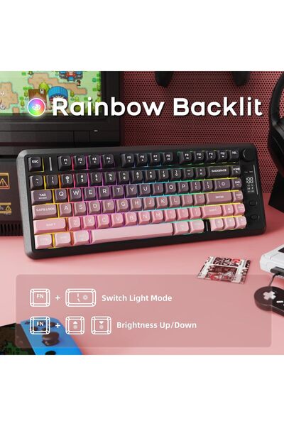 ATAsoft ELEKTRONİK Since 2021 Freewolf M75 Kablosuz BT1+BT2+2.4Ghz Oled TFT Ekranlı Rainbow Aydınlatmalı Gaming Oyuncu Klavye