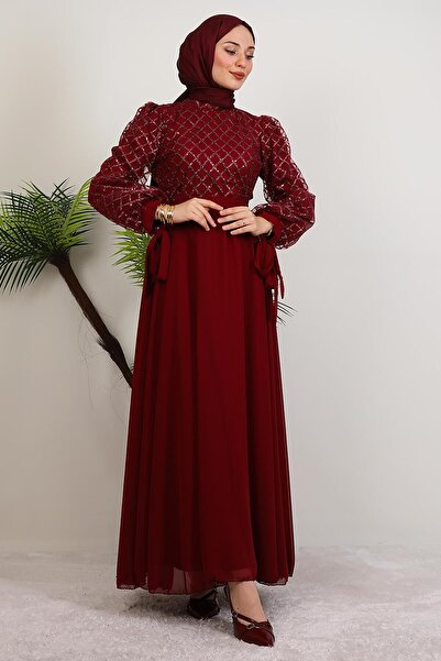 giz astore Leyal Tül Detay Elbise Bordo