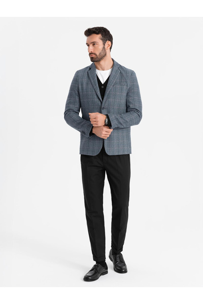 OMBRE Pánské žakárové sako s jemnou kostkou - grafitové V1 OM-BLZB-0119 XL