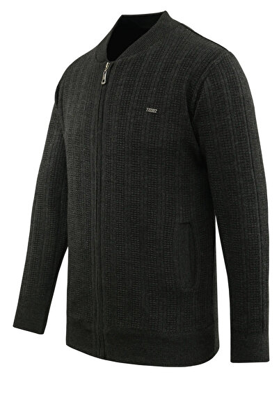 Çizgi Triko Men's Lined Knitwear Coat with High Collar, Steel Knit Pattern, Classic Fit - 5209t