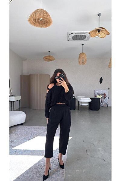 Buket Teke Siyah Bel Arka Lastik Krep Kumaş Pantolon