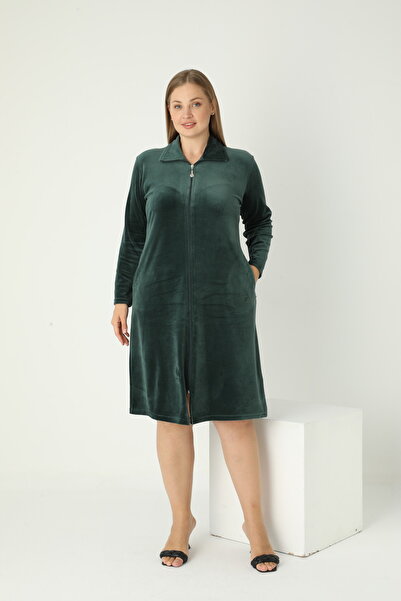 STELLETO Velvet Winter Collared Stone Detailed Pocketed Plus Size Zippered Dress