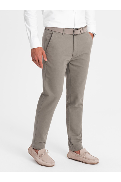 OMBRE Classic men's chino pants with fine texture - dark beige V1 OM-PACP-0188 L