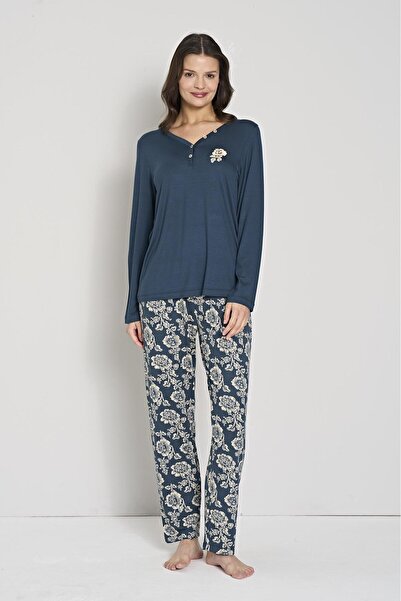 Pijadore Women's Plus Size Navy Blue Button-Down Collar Floral Print Pajama Set C4T0N91