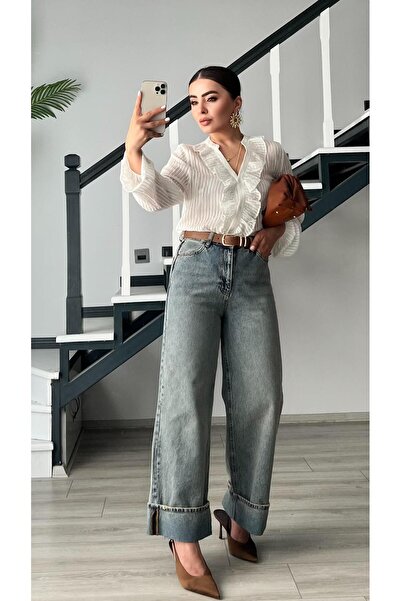 Oslove Mavi Tintli Paça Katlama Detaylı Jean