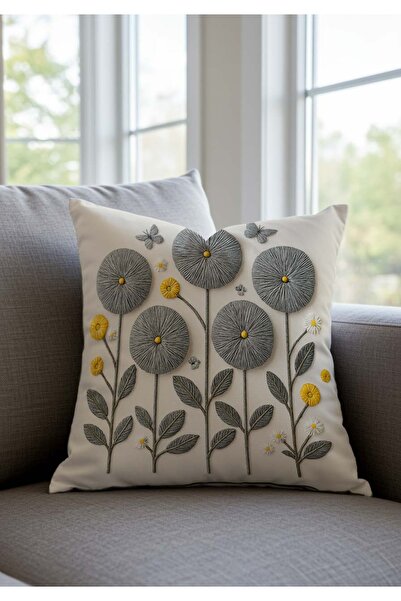 Sakallı Набір з 2 чохлів для подушок з цифровим принтом у вигляді вишивки, сірого кольору, з літнім квітковим мотивом