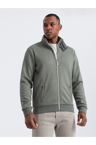 OMBRE Men's jacket with high collar and fleece interior - khaki V3 OM-JANP-0154