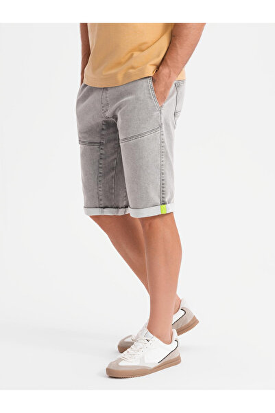 OMBRE Pánské džínové kraťasy s ozdobným prošíváním - světle šedé V1 OM-SRDS-0135 M