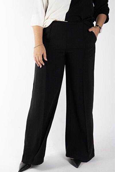 Bedrinxxl Kadın Büyük Beden Siyah Yüksek Bel Geniş Paça Krep Pantolon