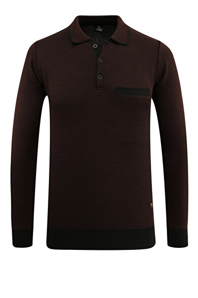 Çizgi Triko Men's Plus Size Polo Neck Sweater with Pockets Patterned Steel Knit Classic Fit - 5208Fb