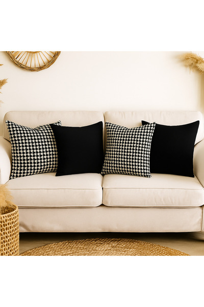 Elyona 4'lü Kazayağı Desenli Siyah Duck Kumaş Kırlent Kılıf Seti | Modern & B...