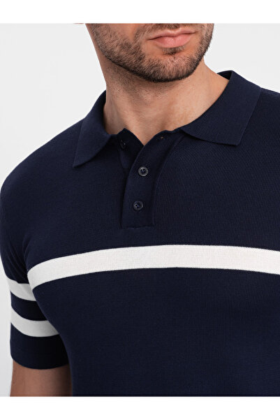OMBRE Pánské polo tričko z měkkého úpletu s kontrastními pruhy - tmavě modré V2 OM-POSS-0118 XXL