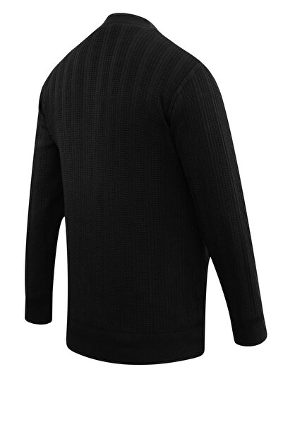 Çizgi Triko Men's Lined Knitwear Coat with High Collar, Steel Knit Pattern, Classic Fit - 5209t