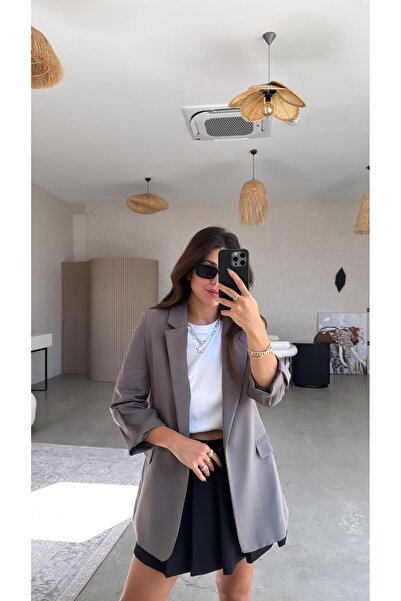 Buket Teke Antrasit Kolları Katlı Astarlı Ceket