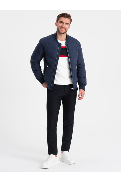 OMBRE Pánská prošívaná bomber bunda s kovovými zipy - tmavě modrá V2 OM-JALP-0143