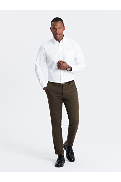 OMBRE Men's SLIM FIT chino pants with fine texture - dark olive green V4 OM-PACP-0190 M
