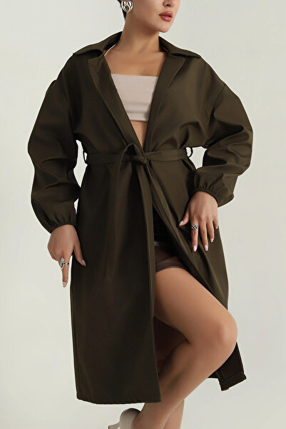 VıoShıne Kadın Kruveza Yaka Belden Bağlamalı Balon Kol Trençkot