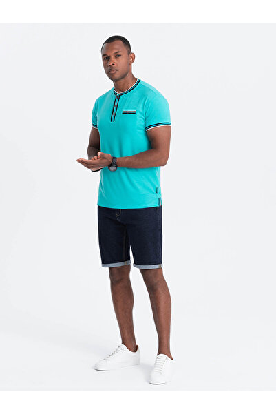 OMBRE Pánské henley tričko s ozdobným žebrováním - tyrkysové V7 OM-TSCT-0175 S