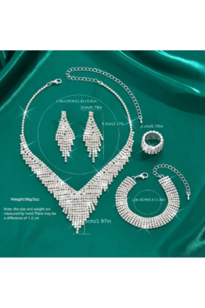 SE Jewellery Collection Selin Ersoy Işıltılı Gösterişli Gelin Düğün & Davet Takı Seti (Kolye, Küpe, Bileklik, Yüzük)