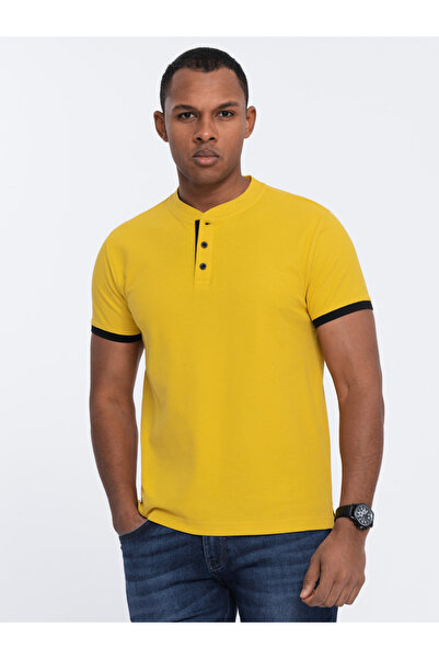 OMBRE Pánské polo tričko bez límečku - žluté V9 OM-TSCT-0156 XXL