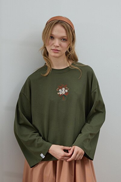 Ceylan Otantik Χακί Κεντημένο Μπλουζάκι