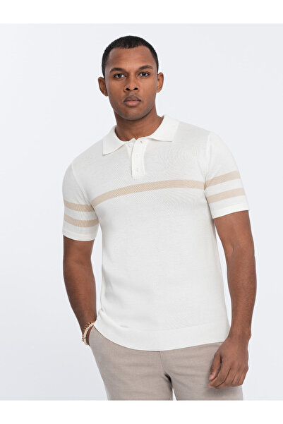 OMBRE Men's soft knit polo shirt with contrasting stripes - cream V3 OM-POSS-0118 XXL