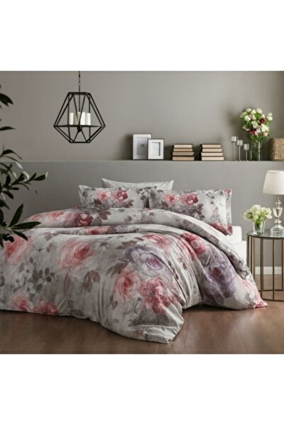Taç Lenjerie pat dublu satin 6 piese gri cu flori mov si roz, Tac Delux Digital Elisha