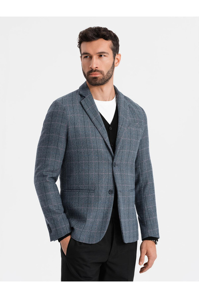 OMBRE Pánské žakárové sako s jemnou kostkou - grafitové V1 OM-BLZB-0119 XL