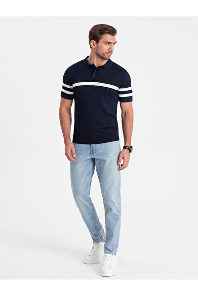 OMBRE Pánské polo tričko z měkkého úpletu s kontrastními pruhy - tmavě modré V2 OM-POSS-0118 XXL