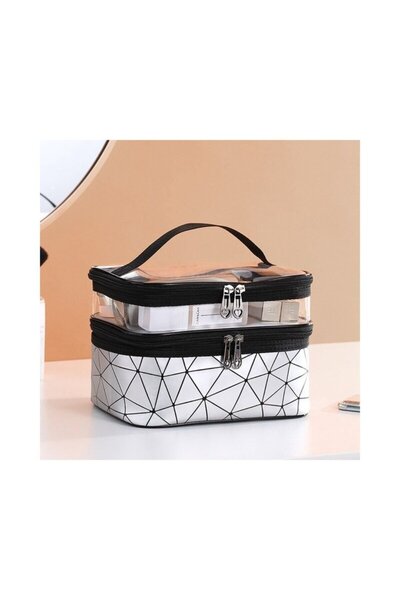 ECARLA Cosmetic bag, foldable, 2 compartments, geometric pattern, silver, 9x23x15.5 cm, eCarla, KS35WZ4