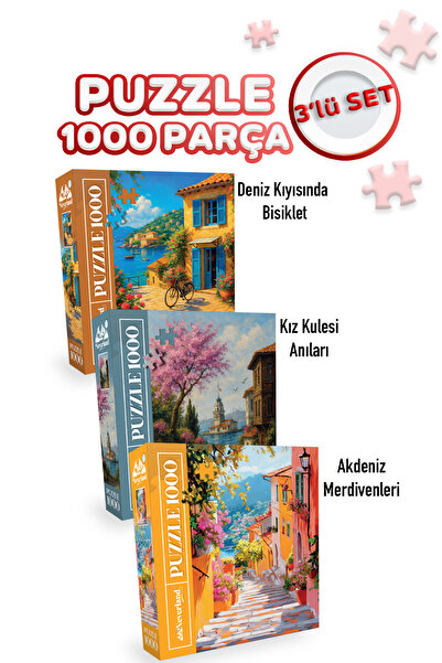 Neverland 3 ADET 1000 PARÇA PUZZLE -DENİZ KIYISINDA BİSİKLET VE KIZ KULESİ ANILARI VE AKDENİZ MERDİVENLERİ