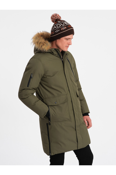 OMBRE Alaskan men's winter jacket with detachable fur from the hood - dark olive green V3 OM-JALJ-0148